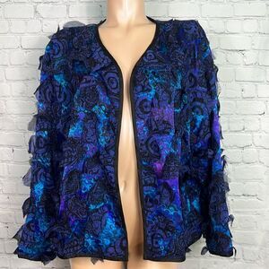 Vintage Chicos Silk Jacket Topper Blazer Blue Purple Black Feathery Sz 3 - XL 16